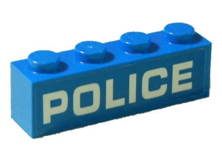Lego (U) ~ Brick 1 x 4 with White 'POLICE' Bold and Wide Font Pattern (Sticker) - Set 6023 ~ [Blue]