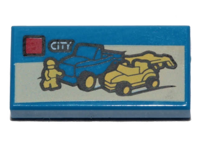 Lego (N) ~ Tile 1 x 2 with LEGO City Set Box Art Blue Truck and Yellow Minifigure Pattern ~ [Blue]