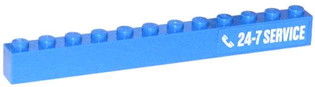 Lego (U) ~ Brick 1 x 12 with White '24-7 SERVICE' and Phone Pattern on Right (Sticker) - S ~ [Blue]