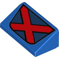 Lego (N) ~ Slope 30 1 x 2 x 2/3 with Red and Dark Blue X-Men Logo Pattern ~ [Blue]