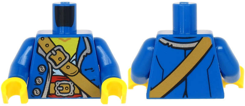 Lego (N) ~ Torso Pirate Coat Open with Silver Buttons and Trim over White Shirt and Red Sas ~ [Blue]