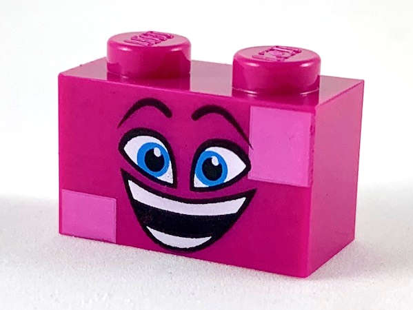 Lego (N) ~ Brick 1 x 2 with Black Raised Eyebrows Dark Azure Eyes Open Mouth Smile with  ~ [Magenta]
