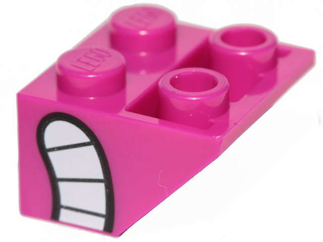 Lego (N) ~ Slope Inverted 45 2 x 2 with Flat Bottom Pin with Smile with White Teeth Patt ~ [Magenta]
