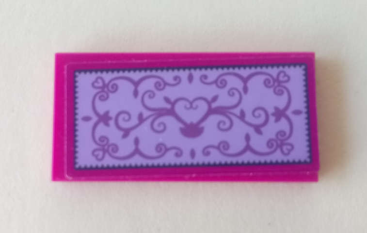 Lego (U) ~ Tile 2 x 4 with Swirls and Hearts on Lavender Background Pattern (Sticker) - ~ [Magenta]