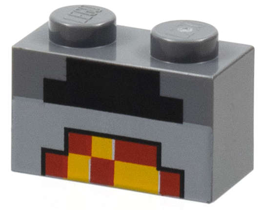 Lego (N) ~ Brick 1 x 2 with Minecraft Pixelated Furnace Lit Pattern ~ [Dark Bluish Gray]