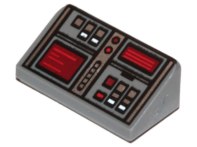 Lego (N) ~ Slope 30 1 x 2 x 2/3 with Red White and Silver Buttons Dark Red Scre ~ [Dark Bluish Gray]