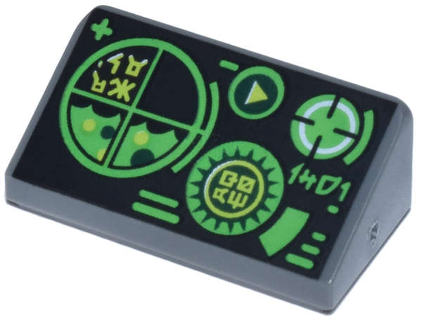 Lego (N) ~ Slope 30 1 x 2 x 2/3 with Black Bright Green and Lime Control Screen ~ [Dark Bluish Gray]