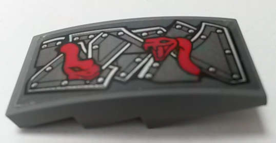 Lego (U) ~ Slope Curved 4 x 2 with Metal Plates and Red Snakes Pattern Model L ~ [Dark Bluish Gray]