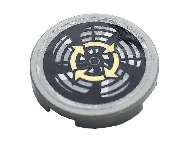 Lego (U) ~ Tile Round 2 x 2 with Bottom Stud Holder with Four Gold Arrows and ~ [Light Bluish Gray]