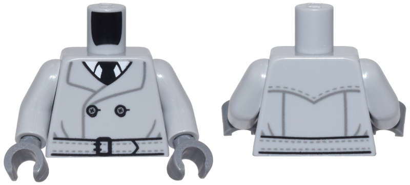 Lego (N) ~ Torso Trench Coat Dark Bluish Gray Stitching Buttons Belt over Whit ~ [Light Bluish Gray]