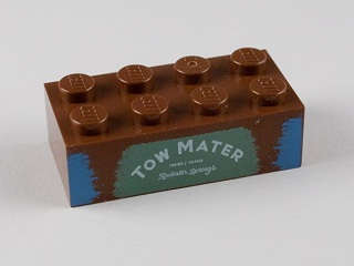 Lego (U) ~ Brick 2 x 4 with 'TOW MATER' on Sand Green Background Pattern ~ [Reddish Brown]