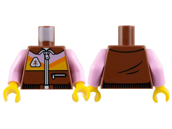 Lego (N) ~ Torso Jacket White Zipper Bright Pink and Bright Light Orange Panel wit ~ [Reddish Brown]