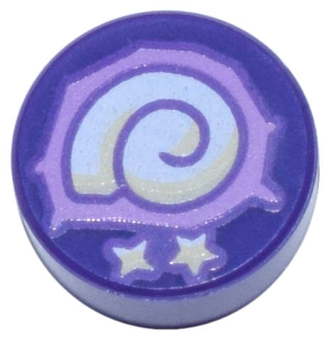 Lego (N) ~ Tile Round 1 x 1 with Medium Lavender and White Ammonite and Stars Patter ~ [Dark Purple]