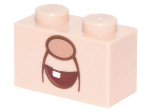 Lego (N) ~ Brick 1 x 2 with Nougat Nose Dark Red Open Mouth Smile with White Tooth  ~ [Light Nougat]