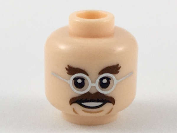 Lego (N) ~ Minifigure Head Dark Brown Bushy Eyebrows and Moustache Silver Round Gla ~ [Light Nougat]