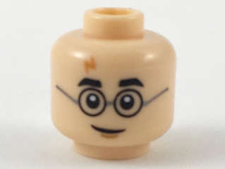 Lego (N) ~ Minifigure Head Black Thick Eyebrows Round Glasses with Dark Silver Temp ~ [Light Nougat]