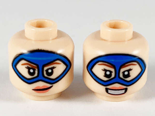 Lego (N) ~ Minifigure Head Dual Sided Female Blue Domino Mask Reddish Brown Eyebrow ~ [Light Nougat]