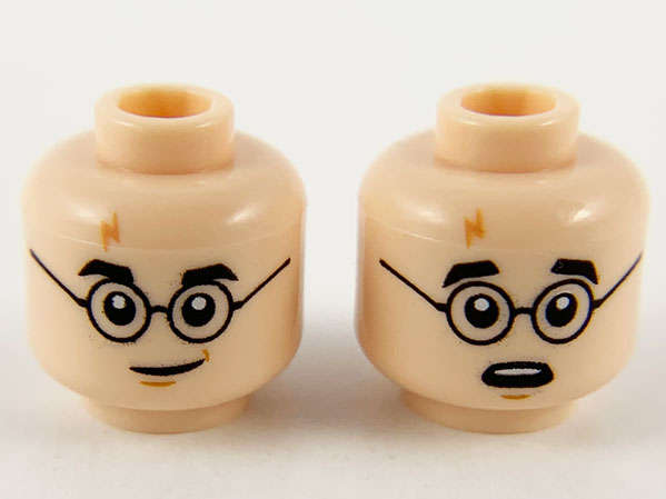 Lego (N) ~ Minifigure Head Dual Sided Medium Nougat Lightning Scar Black Eyebrows a ~ [Light Nougat]