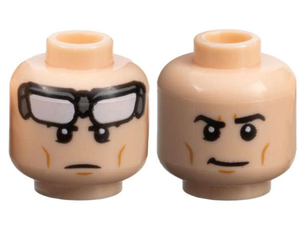 Lego (N) ~ Minifigure Head Dual Sided Black Eyebrows Medium Nougat Cheek Lines and  ~ [Light Nougat]