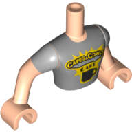 Lego (U) ~ Torso Mini Doll Man Light Bluish Gray T-Shirt 'CAPES &amp; COWLS CAFE'  ~ [Light Nougat]