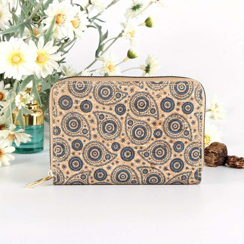1pc Vintage Mandala Womens WalletHigh-Quality Cork Material Floral Print Design with Multiple