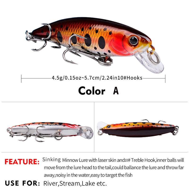 1pc Proberos Premium Sinking Minnow Lure 5.69cm Hard Bait with 3D Eyes Dual Treble Hooks Li