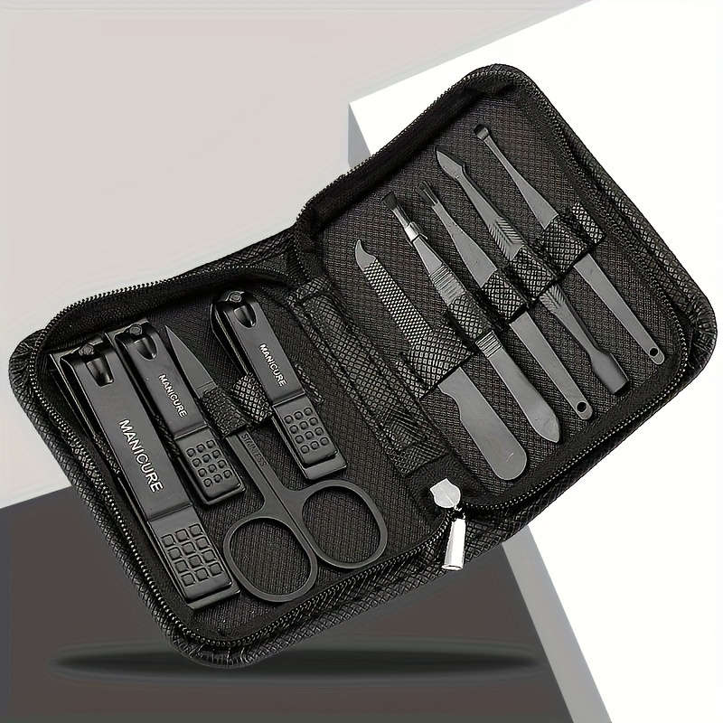 9pcs Blue-Red Gradient Nail Clipper Set Stainless Steel Manicure Tool Kit with Splash-proof N