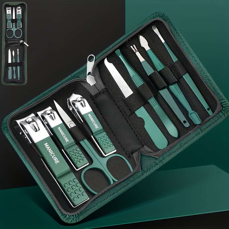 9pcs Blue-Red Gradient Nail Clipper Set Stainless Steel Manicure Tool Kit with Splash-proof N