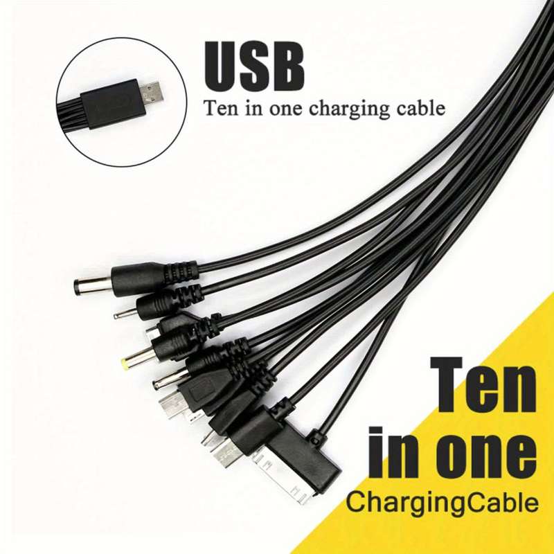 1pc 10-in-1 USB Charging Cable Set PVC Matte Round Cable 21cm USB Male to Female 5-10W Powe