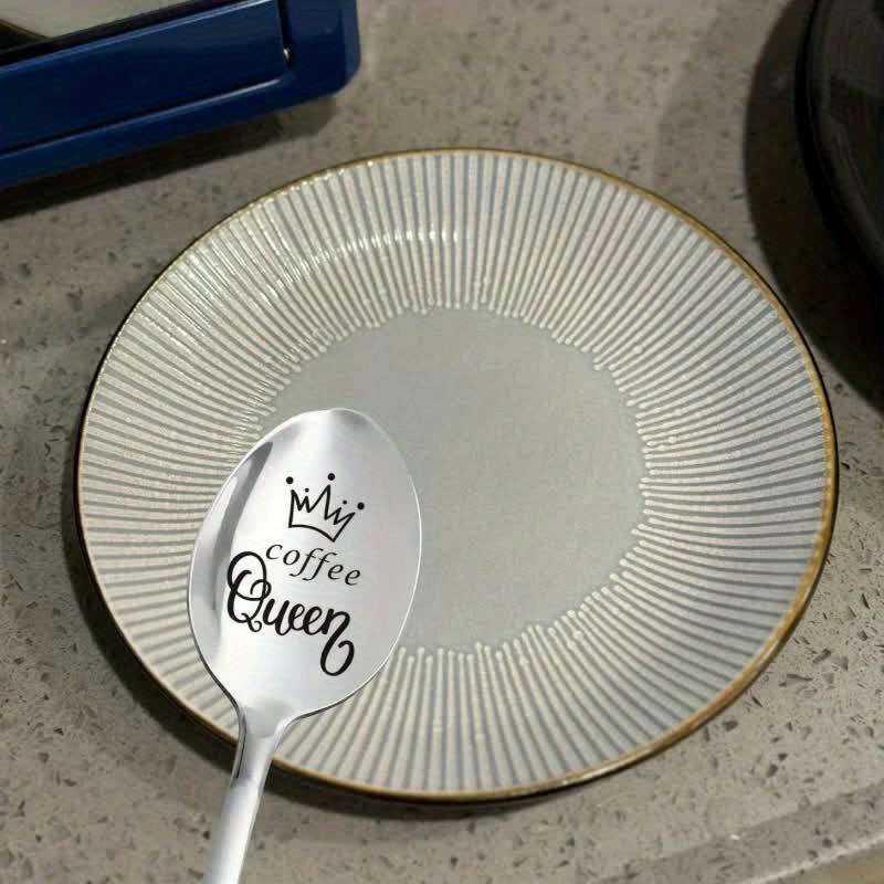 1pc 2.54 cmCoffee Queen  Engraved Stainless Steel Spoon with Crown Design Ideal Gift for Mom