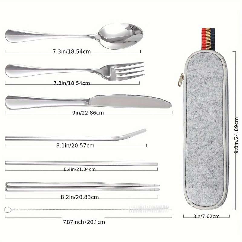 8pcs including Knife Fork Spoon Chopsticks Cleaning Brush Straws Portable Case Stainless Steel