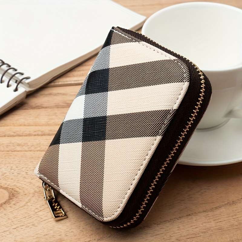 1pc Vintage Plaid Zipper Coin Purse Credit Card Holder for Women Compact Synthetic Leather Walle