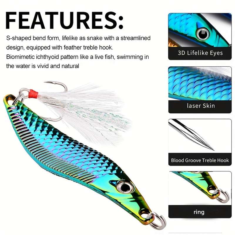 1pc 10g Leech Spinners Spoon Lures  Artificial Bait With Feather Hook Night Fishing Tackle