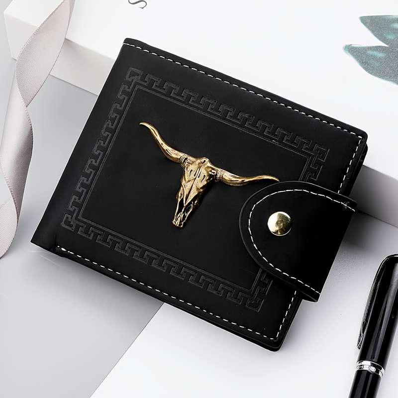 1pc Men's Premium Black Wallet with Golden Geometric Skull Design Embossed Court Style Multiple