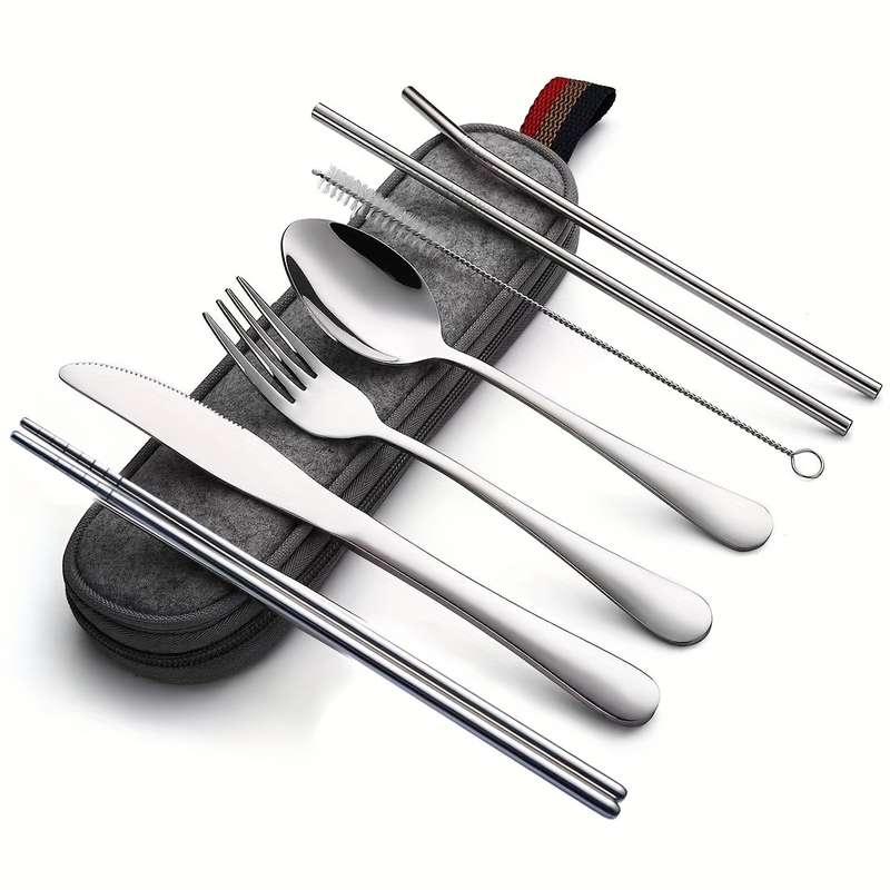 8pcs including Knife Fork Spoon Chopsticks Cleaning Brush Straws Portable Case Stainless Steel