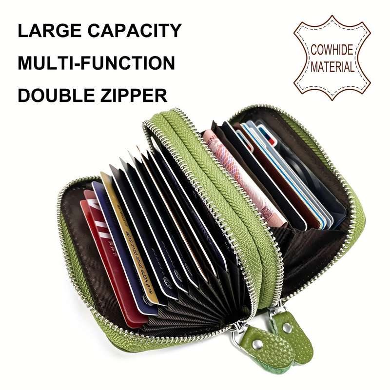 1pc Genuine Leather Credit Card Wallet with small Coin Purse and Double Zipper RFID Blocking Credi