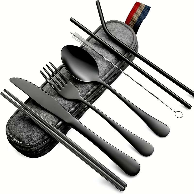 8pcs including Knife Fork Spoon Chopsticks Cleaning Brush Straws Portable Case Stainless Steel
