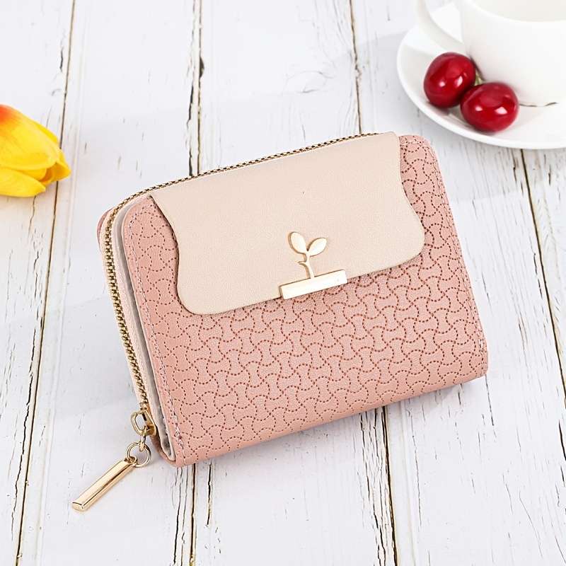 1pc Women's Zipper Wallet With Buckle Bifold Compact Pocket Wallet Coin Purse With ID Window Cas