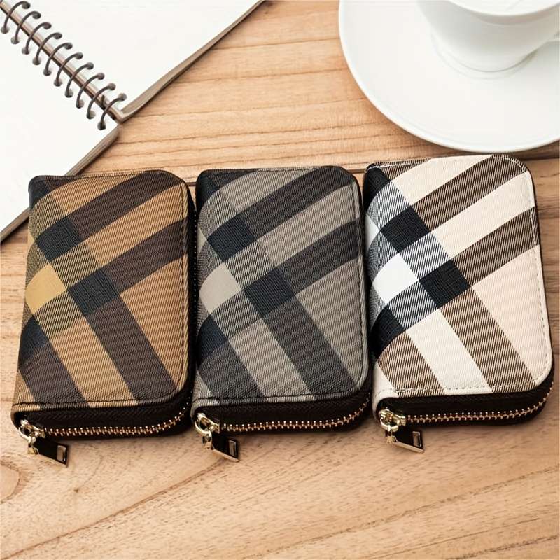 1pc Vintage Plaid Zipper Coin Purse Credit Card Holder for Women Compact Synthetic Leather Walle
