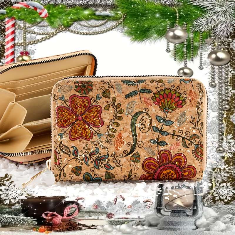 1pc Vintage Mandala Womens WalletHigh-Quality Cork Material Floral Print Design with Multiple