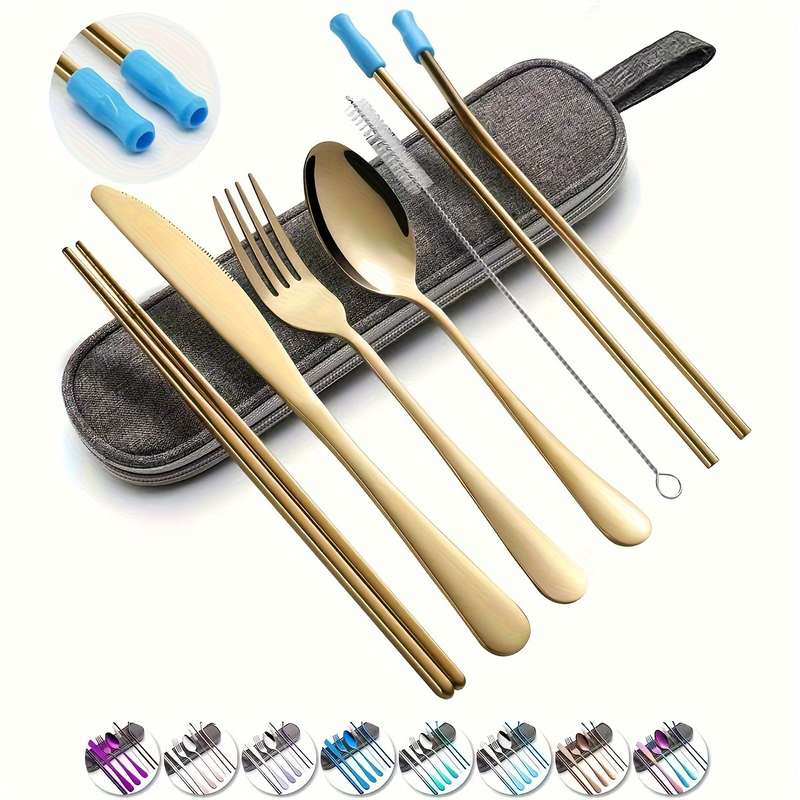 8pcs including Knife Fork Spoon Chopsticks Cleaning Brush Straws Portable Case Stainless Steel