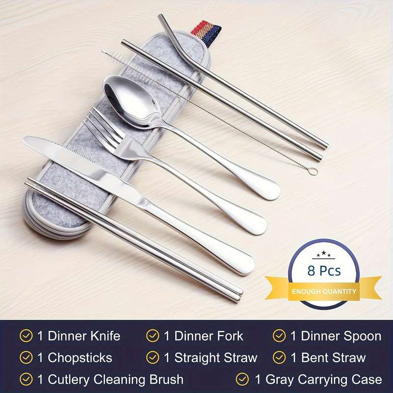 8pcs including Knife Fork Spoon Chopsticks Cleaning Brush Straws Portable Case Stainless Steel