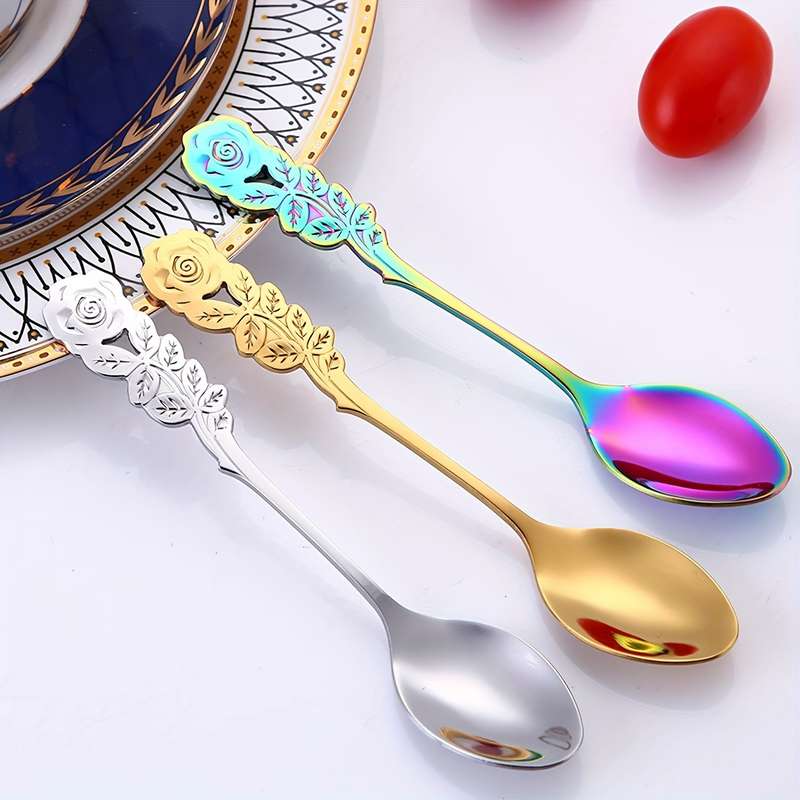 8pcs Set Rose Handle Design Stainless Steel Coffee Spoons 12.7 cm Perfect for Cappuccino Ch