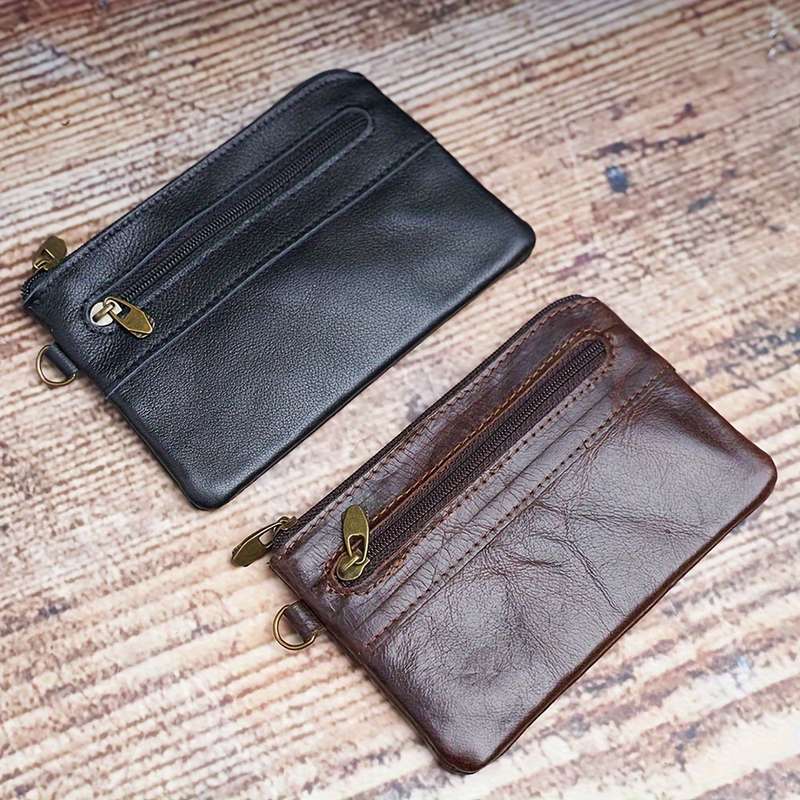 1pc Men's Top Layer Cowhide Coin Purse Simple Ultra-thin Card Holder Document Bag Retro Zippe