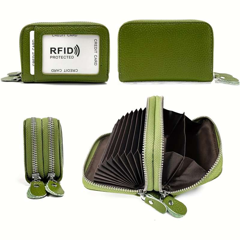 1pc Genuine Leather Credit Card Wallet with small Coin Purse and Double Zipper RFID Blocking Credi