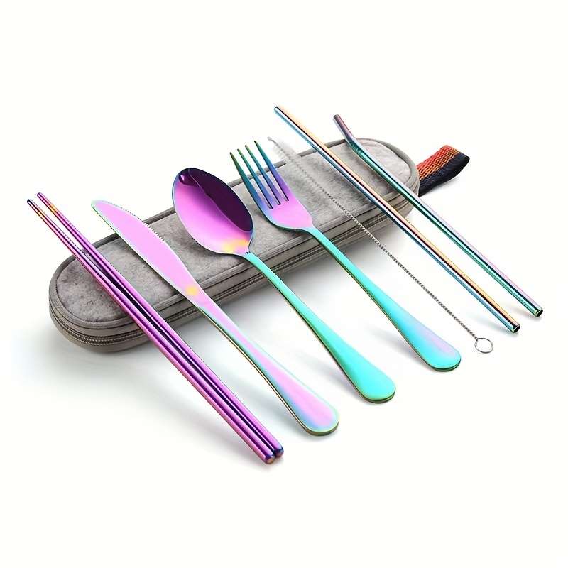 8pcs including Knife Fork Spoon Chopsticks Cleaning Brush Straws Portable Case Stainless Steel