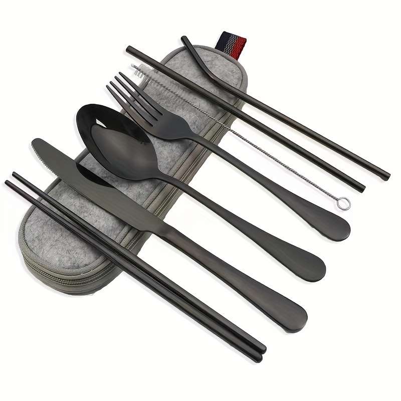 8pcs including Knife Fork Spoon Chopsticks Cleaning Brush Straws Portable Case Stainless Steel