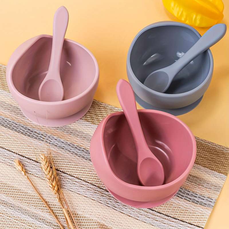 2pcs Silicone Set with Spoon for Babies Kids Toddlers Baby Led Weaning Food Plates First