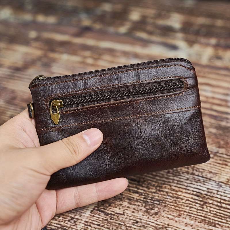 1pc Men's Top Layer Cowhide Coin Purse Simple Ultra-thin Card Holder Document Bag Retro Zippe