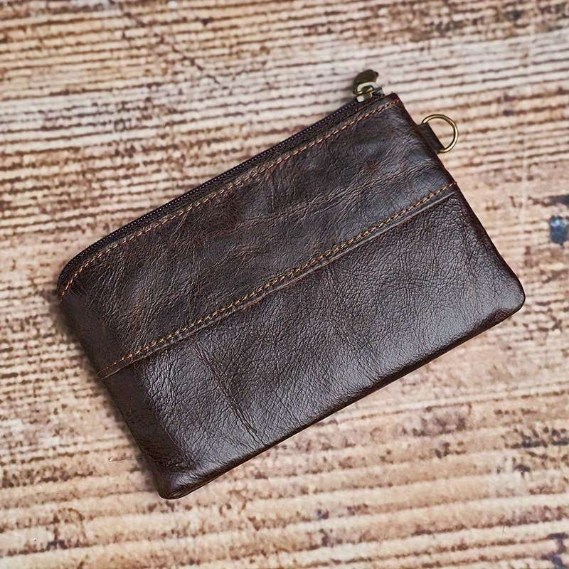 1pc Men's Top Layer Cowhide Coin Purse Simple Ultra-thin Card Holder Document Bag Retro Zippe